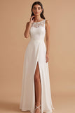 Vestido de novia largo de satén con corte en A y abertura