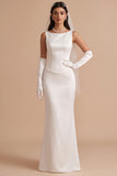 Vestido de novia largo blanco de satén corte sirena con escote barco