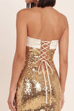 Vestido corto de cóctel dorado con lentejuelas y escote palabra de honor