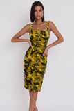 Vestido de cóctel midi ajustado con estampado amarillo y verde