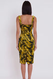Vestido de cóctel midi ajustado con estampado amarillo y verde