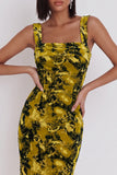 Vestido de cóctel midi ajustado con estampado amarillo y verde
