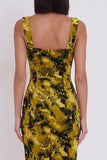 Vestido de cóctel midi ajustado con estampado amarillo y verde