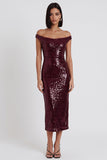 Vestido de cóctel midi burdeos de corte recto con lentejuelas brillantes