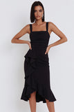 Vestido midi de cóctel de corte sirena con escote cuadrado y bajo asimétrico con volantes