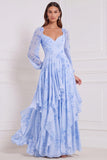 Vestido de gasa salvia de manga larga de escote en V con escote en V y volantes A-line
