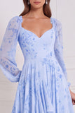Vestido de gasa salvia de manga larga de escote en V con escote en V y volantes A-line