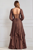 Vestido de gasa salvia de manga larga de escote en V con escote en V y volantes A-line