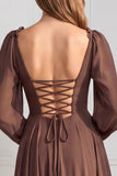 Vestido de gasa salvia de manga larga de escote en V con escote en V y volantes A-line