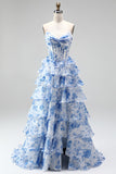 Corsé azul A-Line con estampado de escaleras, vestido largo sin tirantes de gasa armadura