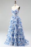 Corsé azul A-Line con estampado de escaleras, vestido largo sin tirantes de gasa armadura