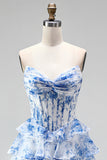 Corsé azul A-Line con estampado de escaleras, vestido largo sin tirantes de gasa armadura