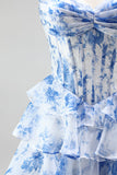 Corsé azul A-Line con estampado de escaleras, vestido largo sin tirantes de gasa armadura