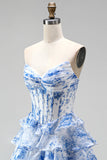 Corsé azul A-Line con estampado de escaleras, vestido largo sin tirantes de gasa armadura