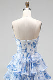Corsé azul A-Line con estampado de escaleras, vestido largo sin tirantes de gasa armadura