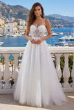 Corsé blanco de tirantes finos Una línea de vestido de novia de tul aplicado