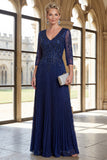 Vestido de Madre de la Novia con cuello en V azul marino con cuello en V con pliegues A