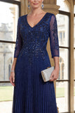 Vestido de Madre de la Novia con cuello en V azul marino con cuello en V con pliegues A