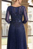 Vestido de Madre de la Novia con cuello en V azul marino con cuello en V con pliegues A