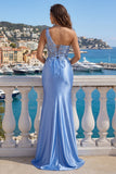 Vestido de baile de sirena de satén azul claro con un solo hombro