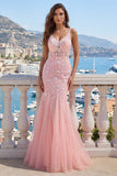Vestido de baile rosa de tul con escote en V y sirena con aplicaciones