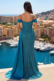 Vestido de baile de sirena brillante color verde verdoso con hombro frío y serpentina