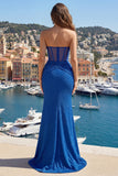Vestido de baile de graduación de sirena azul real corsé sin tirantes con abertura