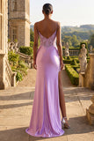 Vestido largo de baile de sirène corsé con aplicación de champán y abertura