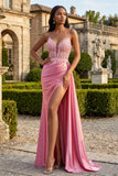 Vestido largo de graduación con tirantes finos de sirena rosa con tirantes finos y abertura