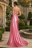 Vestido largo de graduación con tirantes finos de sirena rosa con tirantes finos y abertura