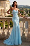 Vestido largo de graduación azul sirena con tirantes finos