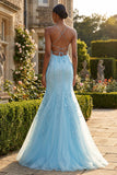 Vestido largo de graduación azul sirena con tirantes finos