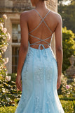 Vestido largo de graduación azul sirena con tirantes finos