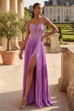 Vestido largo de graduación plisado con pliegues y corte morado A Line