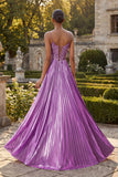 Vestido largo de graduación plisado con pliegues y corte morado A Line