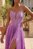 Vestido largo de graduación plisado con pliegues y corte morado A Line