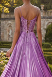 Vestido largo de graduación plisado con pliegues y corte morado A Line