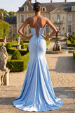 Vestido largo de baile de satén sirena con cuentas azules y abertura