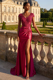 Vestido largo de baile de sirena con lentejuelas y lentejuelas burdeos