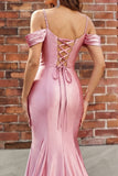 Vestido de graduación de sirena de satén de hombros fríos con hombros fríos