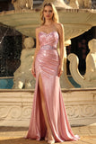 Vestido de graduación Sirena Corsé Rosa Sin Tirantes