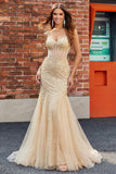 Vestido de graduación con corsé de sirena con lentejuelas y champán