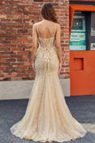 Vestido de graduación con corsé de sirena con lentejuelas y champán
