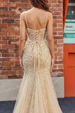 Vestido de graduación con corsé de sirena con lentejuelas y champán
