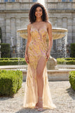 Vestido de baile de sirena dorado con tirantes finos y abertura
