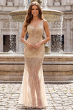 Vestido de graduación dorado transparente de sirena con lentejuelas