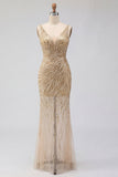 Vestido de graduación dorado transparente de sirena con lentejuelas
