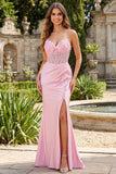 Vestido de graduación con corsé de sirena floral rosa y abertura