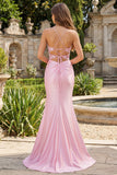 Vestido de graduación con corsé de sirena floral rosa y abertura