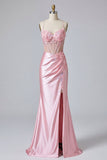 Vestido de graduación con corsé de sirena floral rosa y abertura